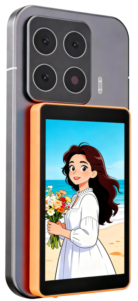 Phone with selfie monitor screen attached for vlog recording